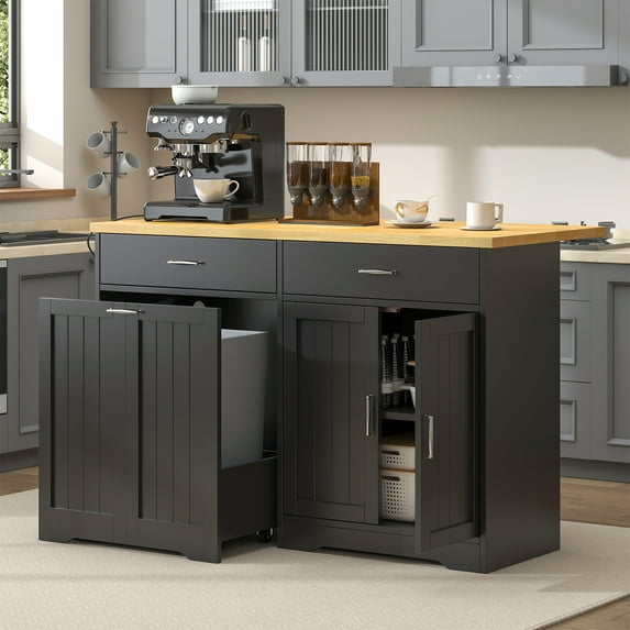 HAUXITIO Kitchen Island with Drop Leaf,Power Outlet & LED Lights,Stationary with Hidden Casters Islands Table for Kitchen,Dining Room,Black