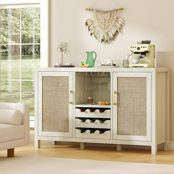 HAUXITIO Rattan Coffee Bar Cabinet, 47" Boho Farmhouse Buffet with Wine Storage for Kitchen & Dining Room,White Oak