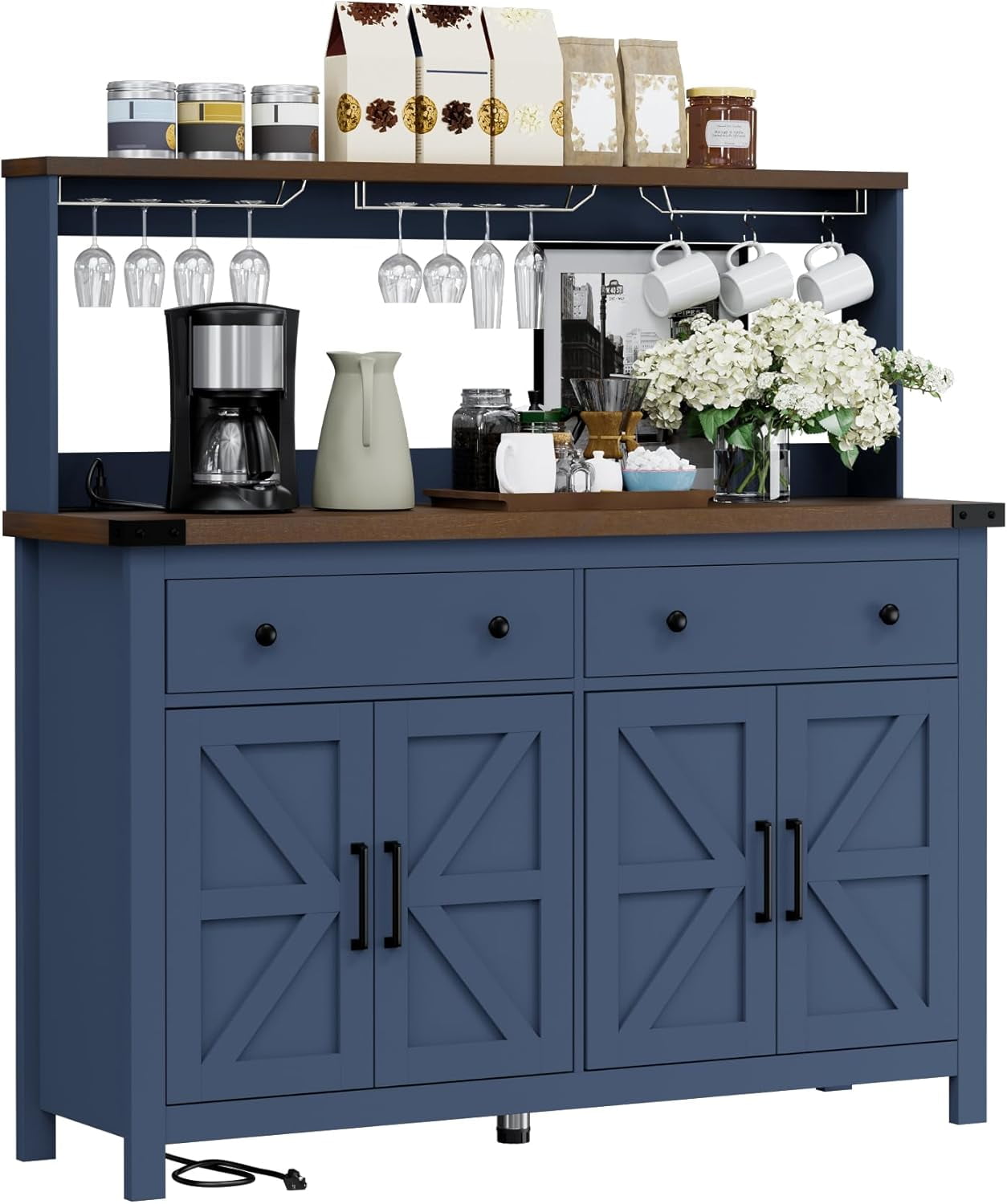 HAUXITIO Storage Cabinet Buffet with Drawers and Charging Station,Coffee Bar Cabinet,Sideboard with Barn Doors,Wine Rack and Hooks,Blue