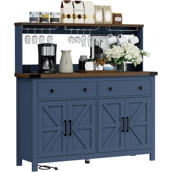 HAUXITIO Storage Cabinet Buffet with Drawers and Charging Station,Coffee Bar Cabinet,Sideboard with Barn Doors,Wine Rack and Hooks,Blue