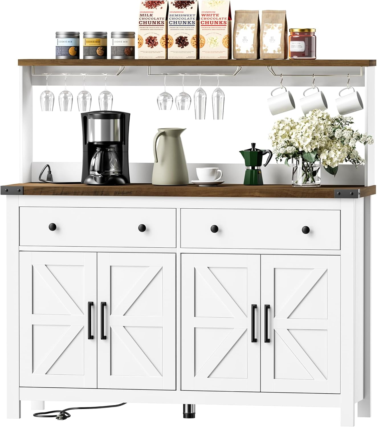HAUXITIO Storage Cabinet Buffet with Drawers and Charging Station,Coffee Bar Cabinet Sideboard with Barn Doors,Wine Rack and Hooks,White1