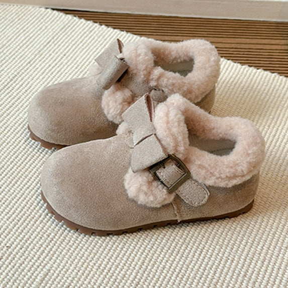 HAUXUN-AGirls Cute Bow Fuzzy-Collar Ankle Boots 2-11 Years, Maillard-Tone Lined Non- Warm Frosted Leather Boots, Autumn Winter Versatile Footwear(Light Gray,9)
