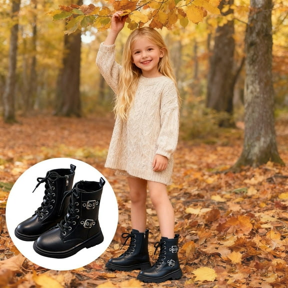 HAUXUN-BAGirls British Style High Top Ankle Boots Side Zipper Comfortable Winter Footwear Durable Sole for 4-11 Years(Black,15.5)