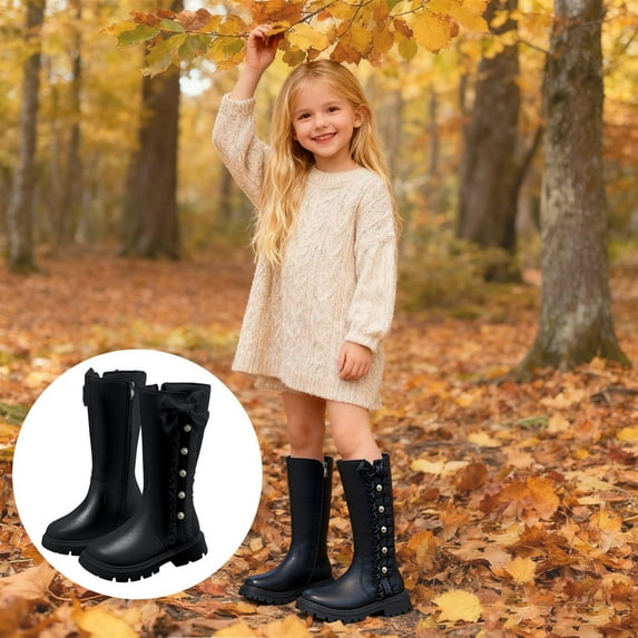 HAUXUN-GAKids High-Top Martin Boots 4-11 Years, Girls Fashionable Side Zipper Warm Knee-High Boots, Autumn Winter Stylish Versatile Footwear(Black,14)