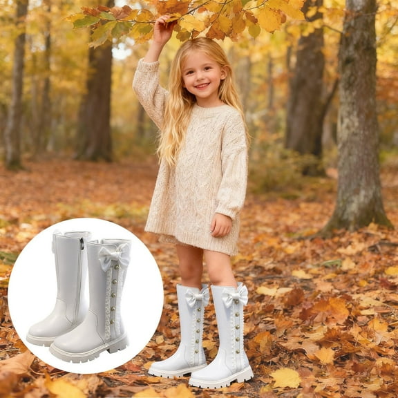 HAUXUN-GBKids High-Top Martin Boots 4-11 Years, Girls Fashionable Side Zipper Warm Knee-High Boots, Autumn Winter Stylish Versatile Footwear(White,13.5)