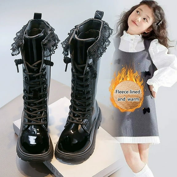 HAUXUN-LAirls Lined Warm Knee-High Boots 3-11 Years, Big Kid Solid Color Lace Trim Pearl Bow High-Top Boots, Autumn Winter Glossy Leather Footwear(Black,13)