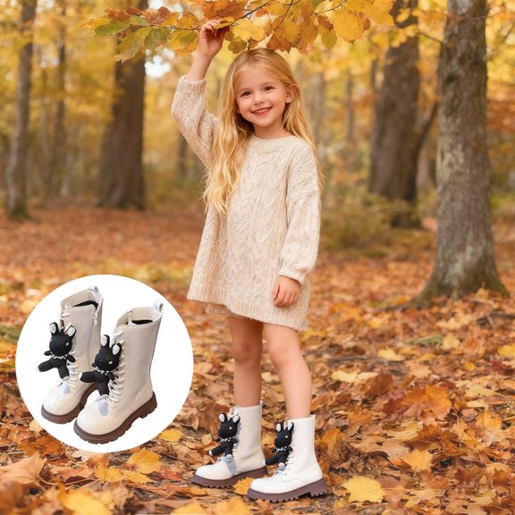 HAUXUN-PGirls Rabbit Design Mid Calf Boots Soft Inner Winter Footwear Side Zipper Fashion Boots for 3.5-11 Years(White,15)