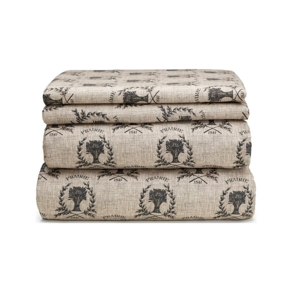 HAUZER HOME PRAIRIE GRAINS 100% Cotton Printed Sheet Set- Linen/Black