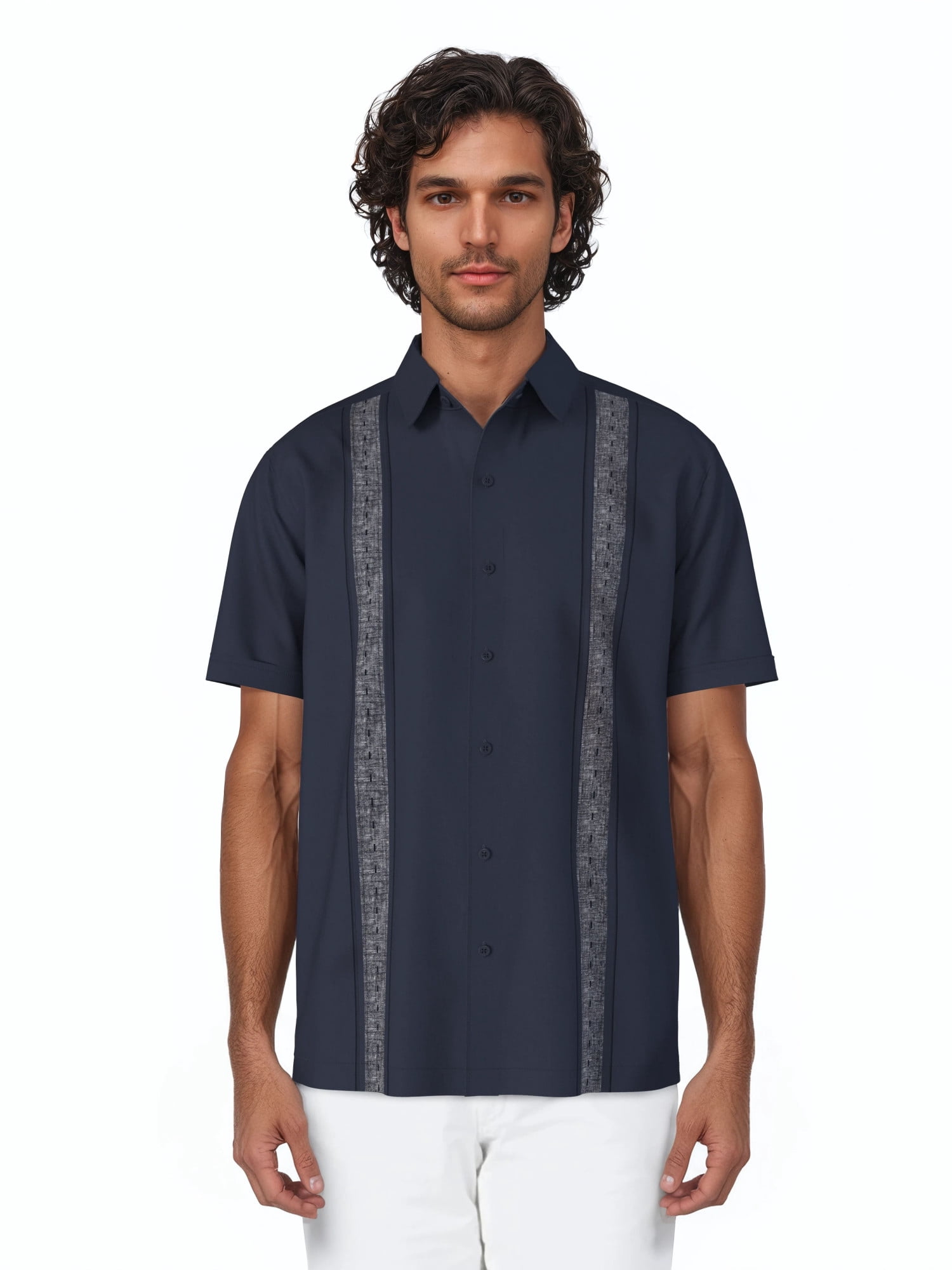 Havanera Men's and Big Men's Contrast Panel with Pick Stitching Short Sleeve Linen Cotton Button-Down Shirt, Sizes S-5XL