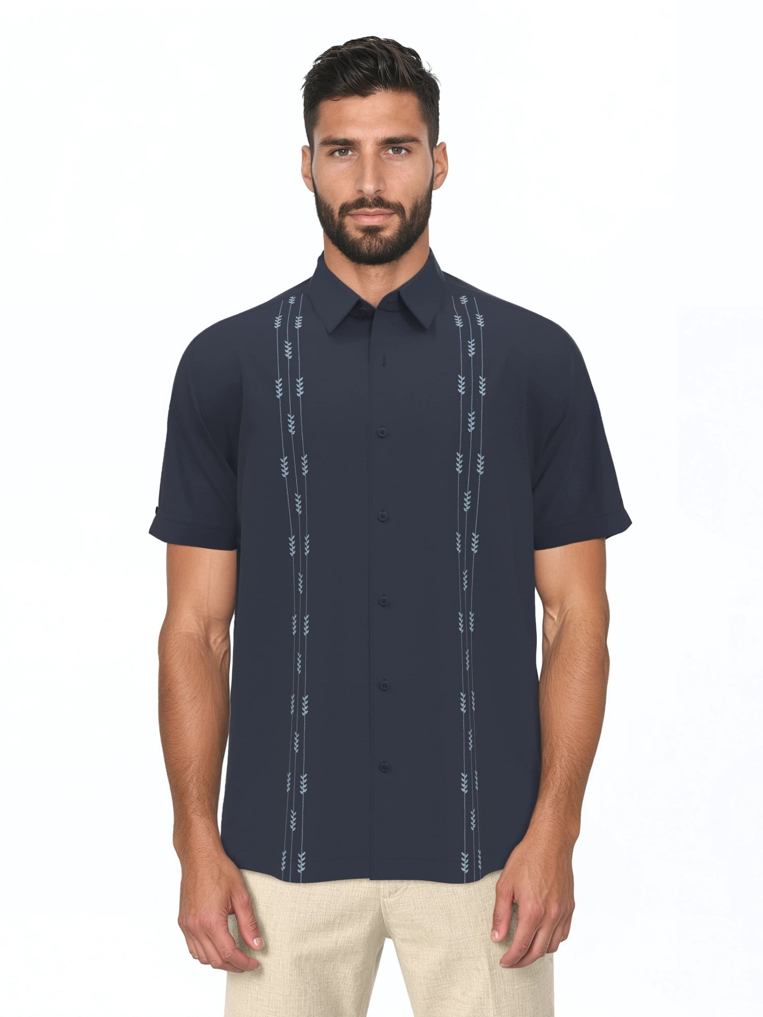 Havanera Men's and Big Men's Leaf Embroidered Panels Short Sleeve Button-Down Shirt, Sizes S-5XL