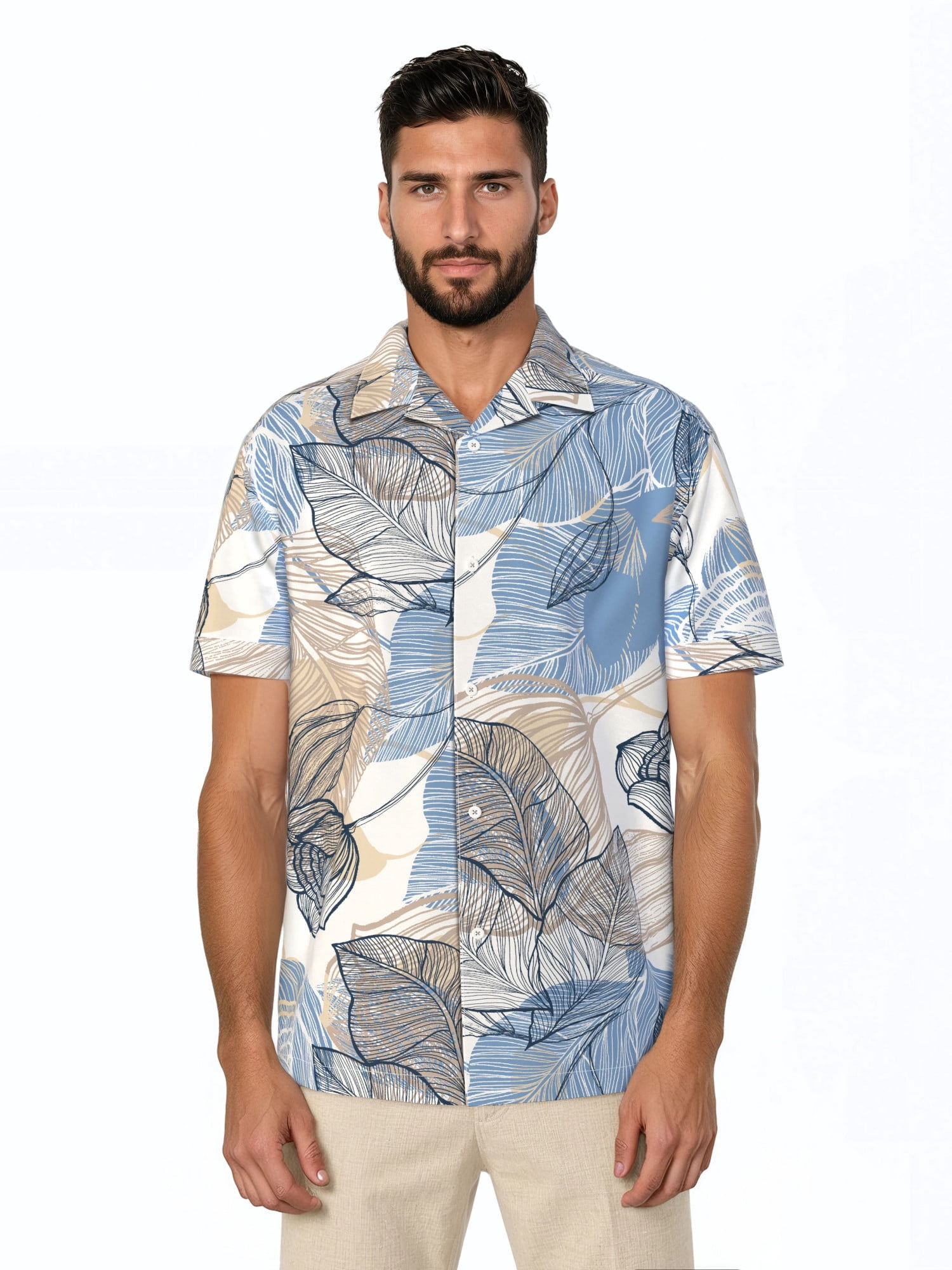 Havanera Men's and Big Men's Tropical Allover Short Sleeve Printed Button-Down Shirt with Texture, Sizes S-5XL