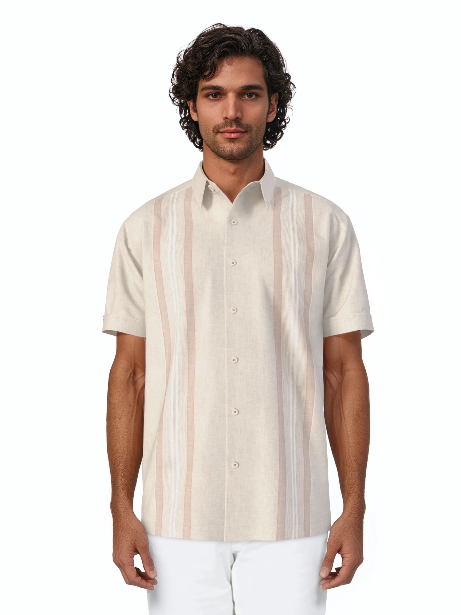 Havanera Men's and Big Men's Yarn Dyed Panels Short Sleeve Linen Cotton Button-Down Shirt, Sizes S-5XL
