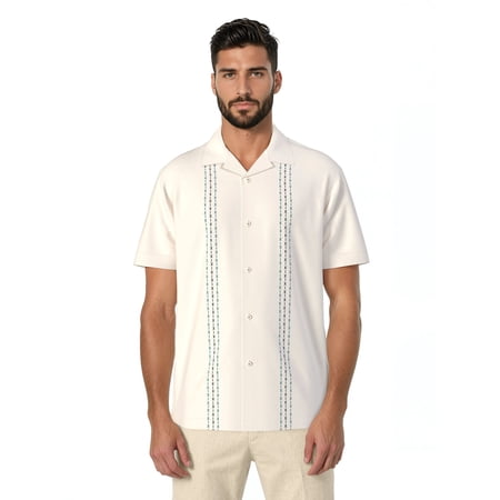 Havanera Men's and Big Men's Embroidered Panels Short Sleeve Linen Cotton Button-Down Shirt, Sizes S-5XL