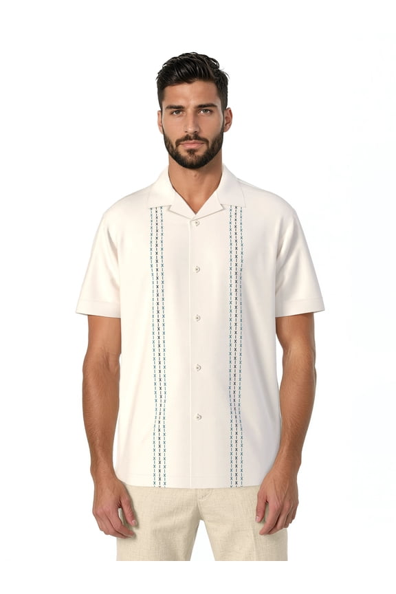 Men's and Big Men's Embroidered Panels Short Sleeve Linen Cotton Button-Down Shirt, Sizes S-5XL