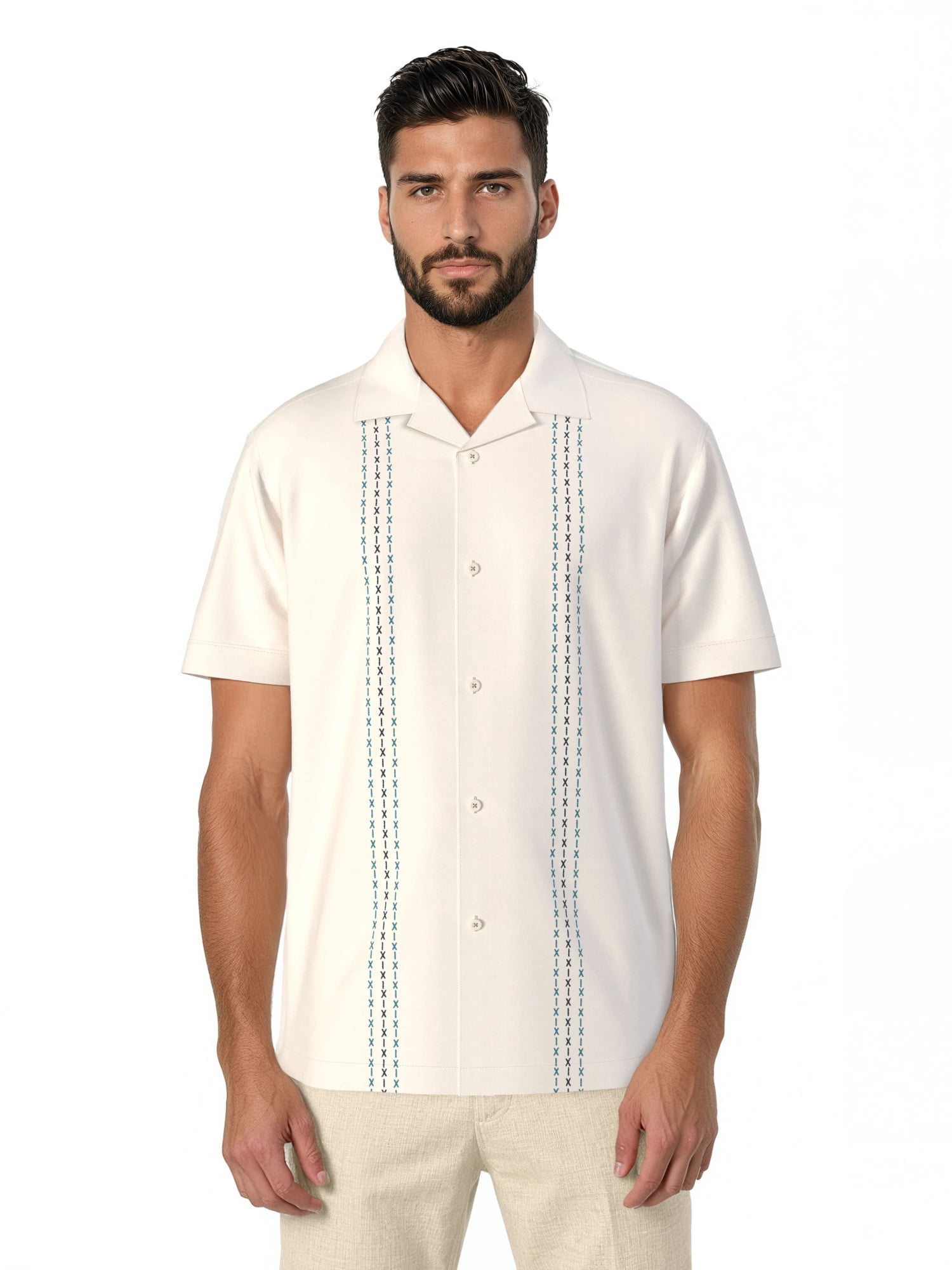 Havanera Men's and Big Men's Embroidered Panels Short Sleeve Linen Cotton Button-Down Shirt, Sizes S-5XL