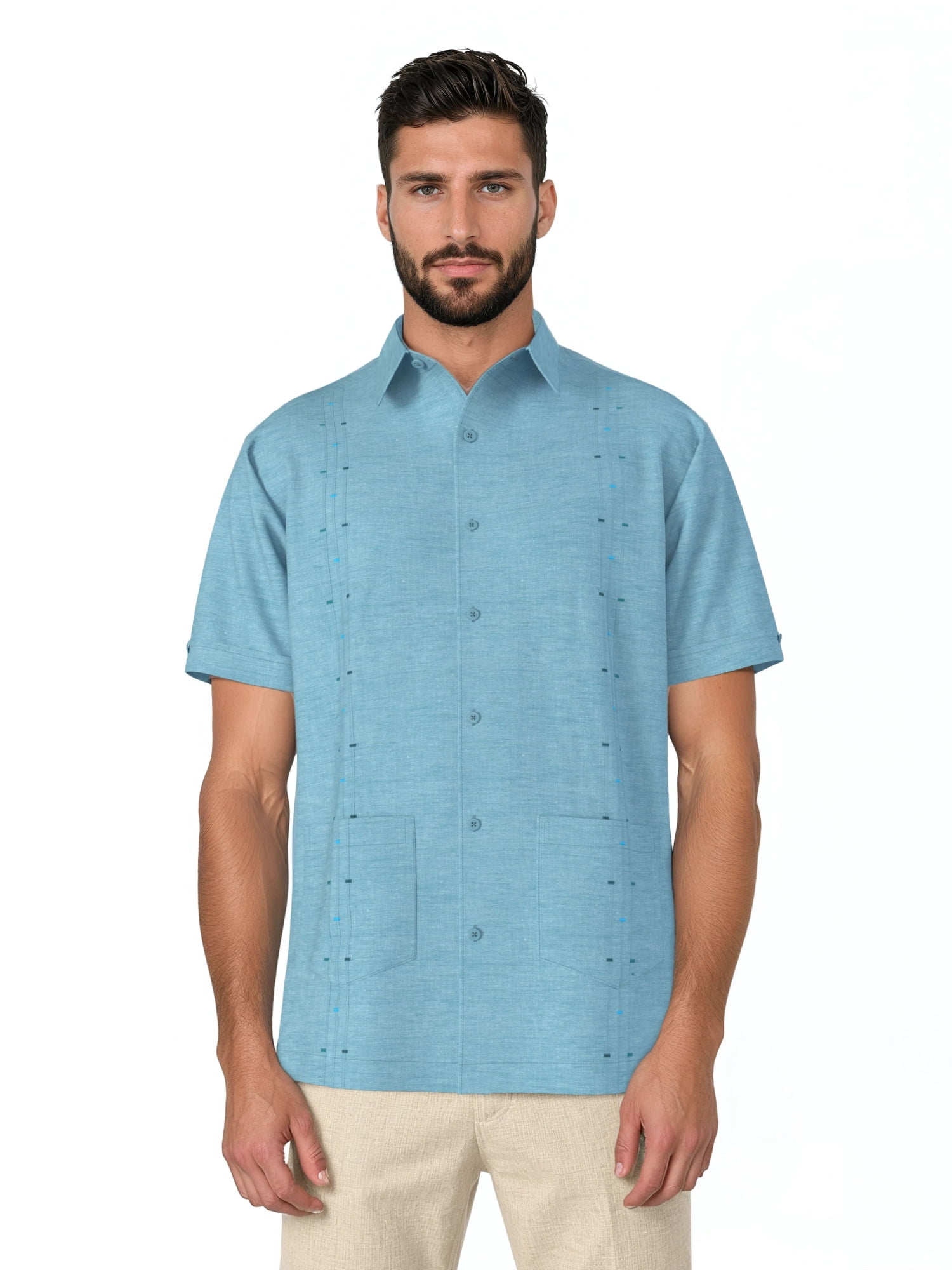Havanera Men's and Big Men's Tucks and Embroidered Panels Short Sleeve Cotton Linen Button-Down Shirt with Pockets, Sizes S-5XL