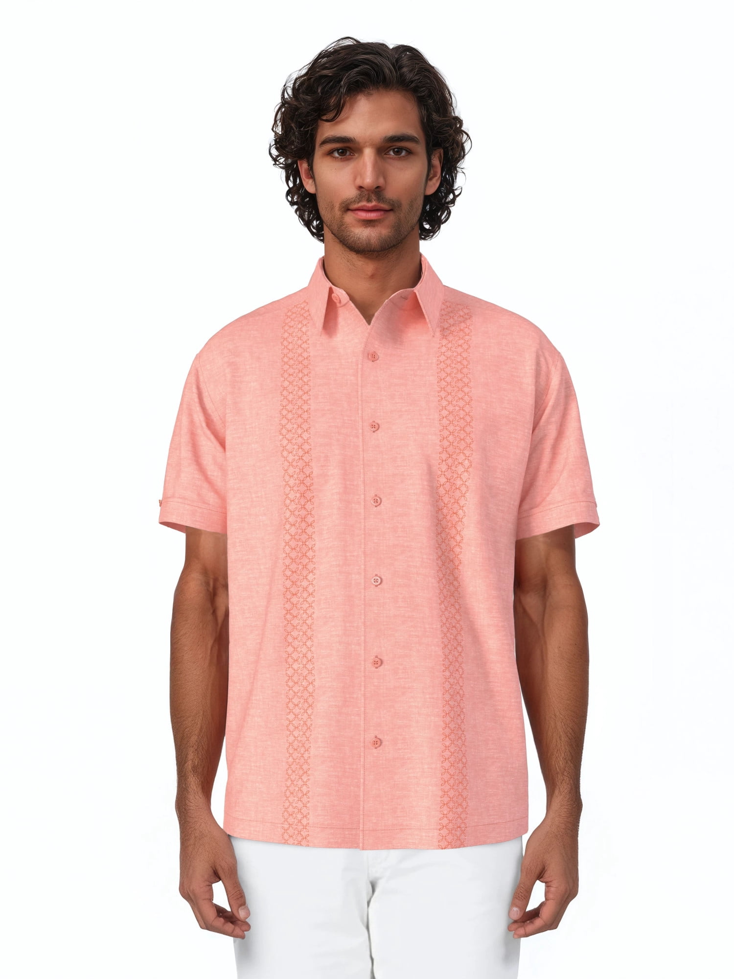 Havanera Men's and Big Men's Geo Embroidered Panels Short Sleeve Cotton Linen Button-Down Shirt, Sizes S-5XL