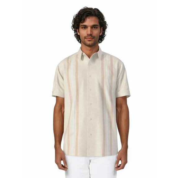 Havanera Men's and Big Men's Yarn Dyed Panels Short Sleeve Linen Cotton Button-Down Shirt, Sizes S-5XL