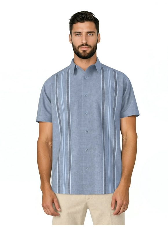 Men's and Big Men's Yarn Dyed Panels Short Sleeve Linen Cotton Button-Down Shirt, Sizes S-5XL