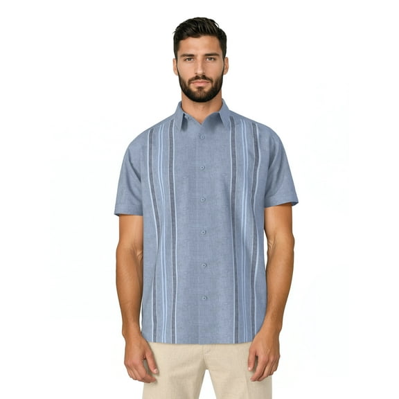 Havanera Men's and Big Men's Yarn Dyed Panels Short Sleeve Linen Cotton Button-Down Shirt, Sizes S-5XL