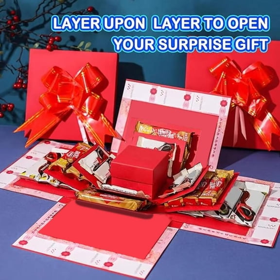 HAVELOR 5-Layer DIY Explosion Gift Box, 8x8 Inch Surprise Compartments, Create Personalized Unwrapping Experience, Perfect for Photos, Notes and Small Keepsakes(Red,One size)
