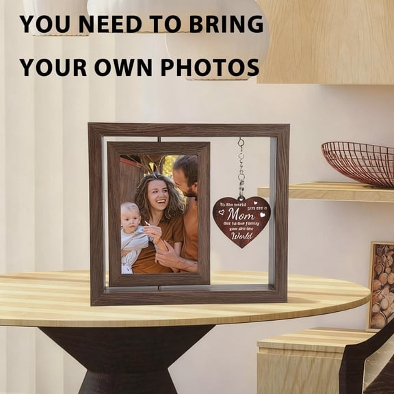 HAVELOR 9.1 x 8.3 Inch Walnut Photo Frame, Rotating Display for Two 4x6 Pictures, Heart Charm Gift for Mom or Family(A,1pcs)