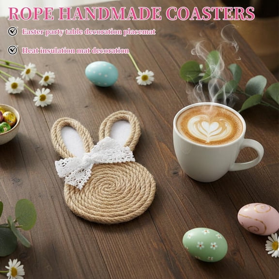 HAVELOR Jute Rope Rabbit Coasters, 4.1 x 7.1 Inch Set of 4, Protects Furniture from Drink Rings, Perfect for Spring Decor and Table Settings(E,4pcs)