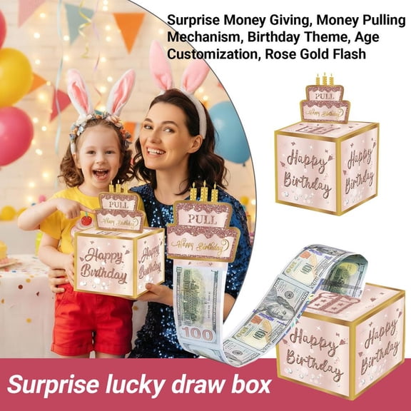 HAVELOR Money Pulling Gift Box, 4.72 Inch Cube with Pull Cake Topper, Interactive Cash Reveal Surprise for Parties, Perfect for Birthday Celebrations and Gift Presentations(Pink,1pcs)