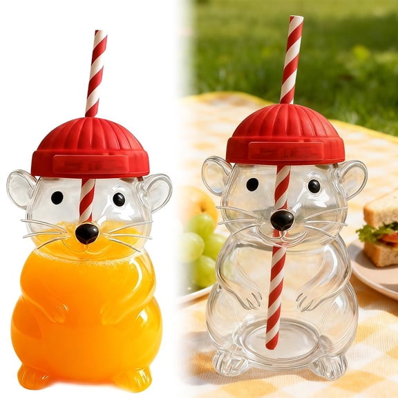 HAVELOR Mouse-Shaped Glass Cup, 5.91 in Tall with Red Lid & Straw, Fun Animal Design for Kids' Drinks, Perfect for Themed Birthday Parties and Daily Hydration(Mouse,2pcs)