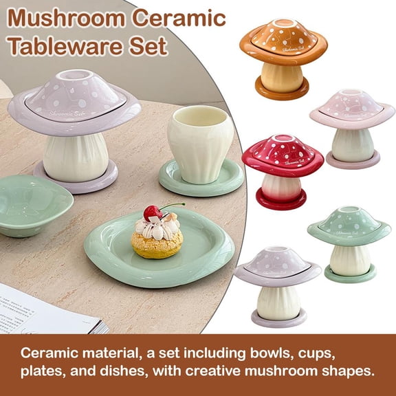 HAVELOR Mushroom Dinnerware Set, 4-in-1 Ceramic Bowl Plate Cup & Saucer, Whimsical Table Setting for Breakfast or Dessert(Orange,1set)