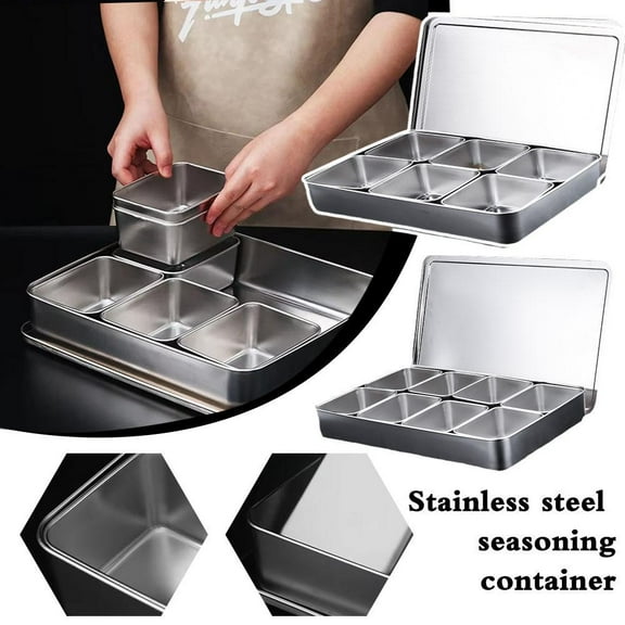 HAVELOR Stainless Steel Condiment Container, 6 or 8 Compartment Spice Organizer, Rust-Resistant Kitchen Storage for Salt, Sugar & Spices(silvery,8 compartments)