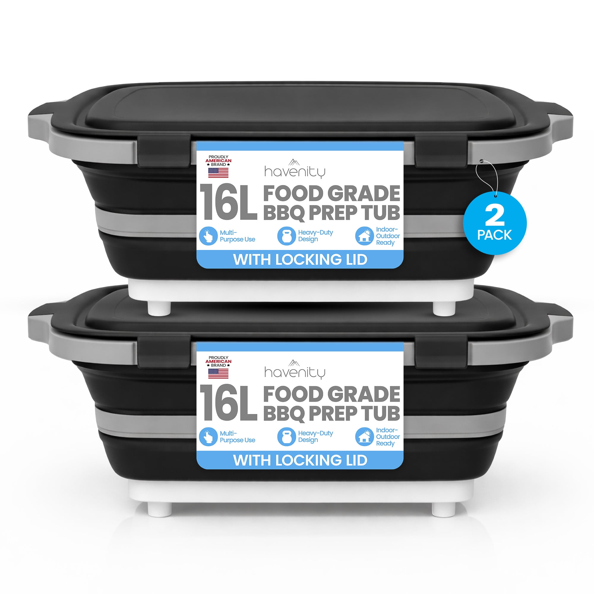 Havenity Bbq Prep Tub 2 Pack Black (16l+16l) - Multifunctional Collapsible Camping Cutting Board with Lid