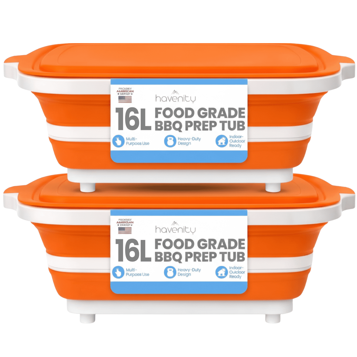 Havenity Bbq Prep Tub 2 Pack Orange (16l+16l) - Multifunctional Collapsible Camping Cutting Board with Lid