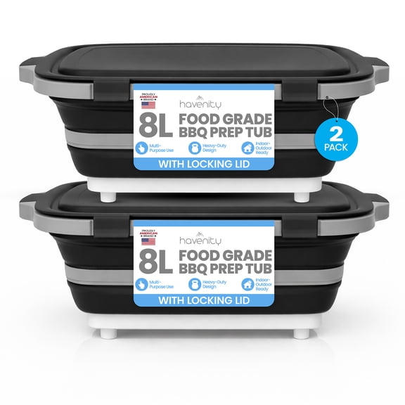 Havenity BBQ Prep Tub 2 Pack (8L+8L) - Collapsible Camping Cutting Board with lid, Meal Prep for Grilling & Outdoor Cooking