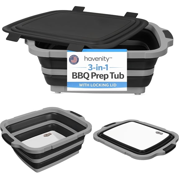 Havenity BBQ Prep Tub 16L - Multifunctional Collapsible Camping Cutting Board with Upgraded Locking lid, Meat Storage Container for Meal Prep, Dish Basin Bowl Perfect for Grilling, Outdoor Cooking XL