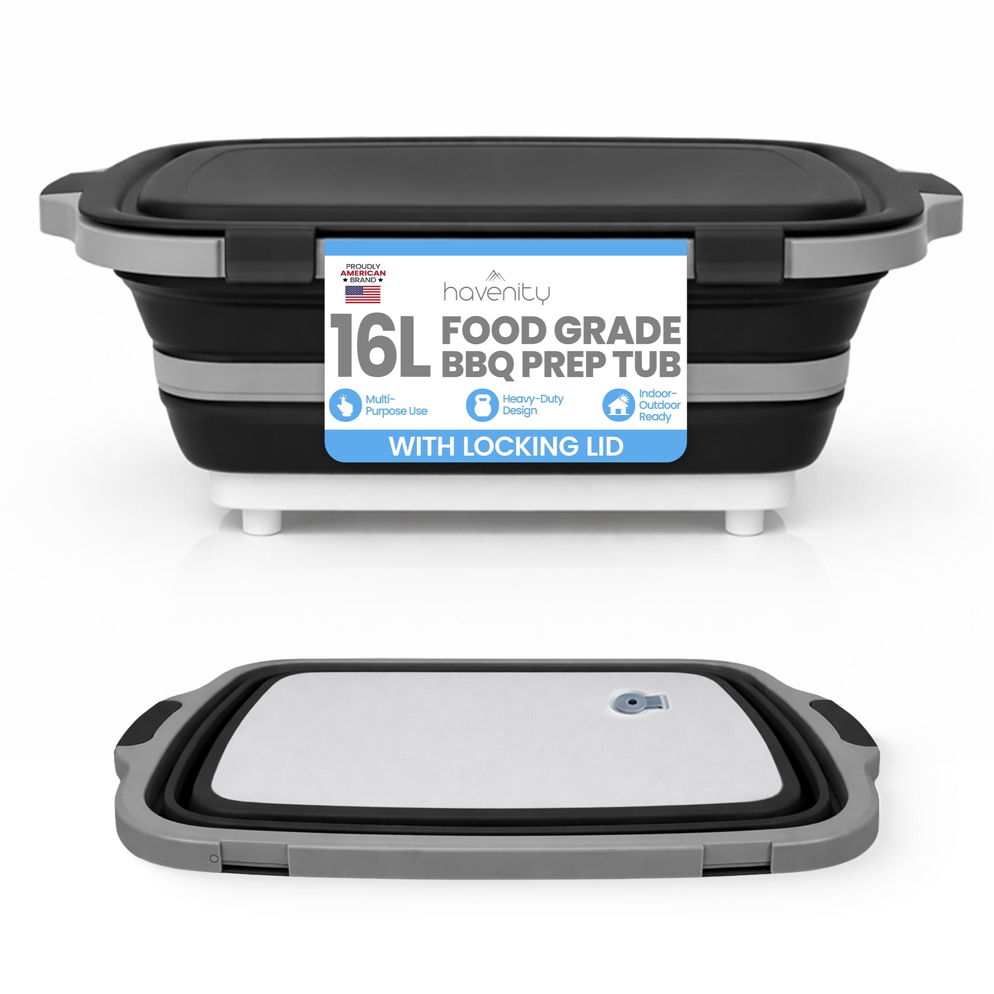 Havenity BBQ Prep Tub 16L - Multifunctional Collapsible Camping Cutting Board with Upgraded Locking lid, Meat Storage Container for Meal Prep, Dish Basin Bowl Perfect for Grilling, Outdoor Cooking XL