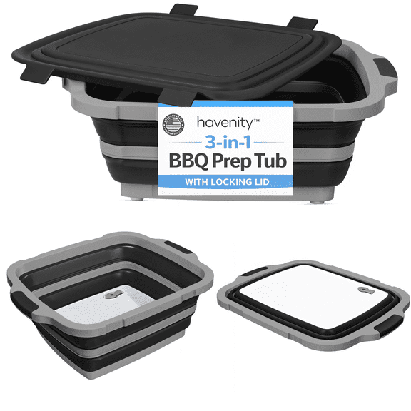 HAVENITY BBQ Prep Tub, 8L Multifunctional Camping Cutting Board with Locking Lid, Meat Prep Tub for Meal Prep , Tailgate Container with Lid, Collapsible Food Storage Containers (Large) BLACK