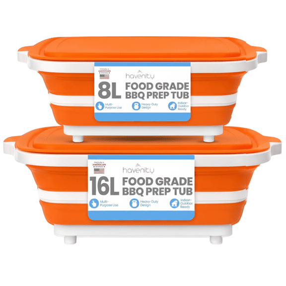 Havenity BBQ Prep Tub 2 Pack (8L+16L) - Collapsible Camping Cutting Board with lid, Meal Prep for Grilling & Outdoor Cooking
