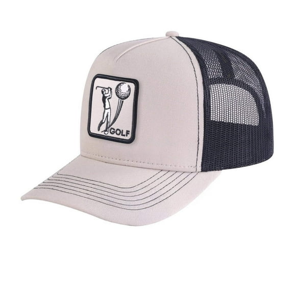 Unisex Embroidered Golf, 5-Panel Trucker Hat, Beige/Black, Adjustable Fit