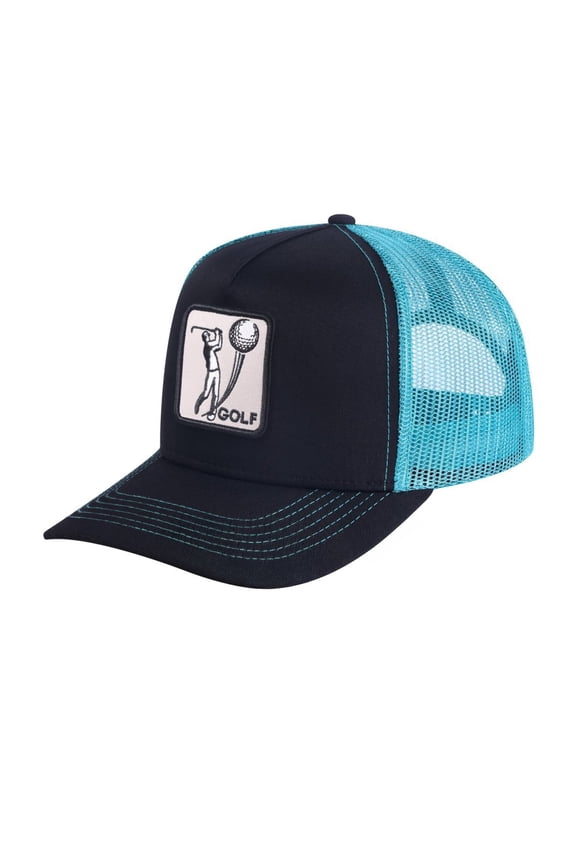 Unisex Embroidered Golf, 5-Panel Trucker Hat, Black/Blue, Adjustable Fit