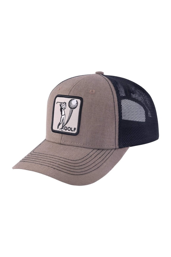 Unisex Embroidered Golf, 6-Panel Trucker Hat, Light Brown/Black, Adjustable Fit