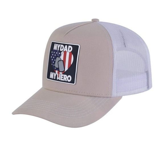 Unisex Embroidered My Dad My Hero, 5-Panel Trucker Hat, Beige/White, Adjustable Fit