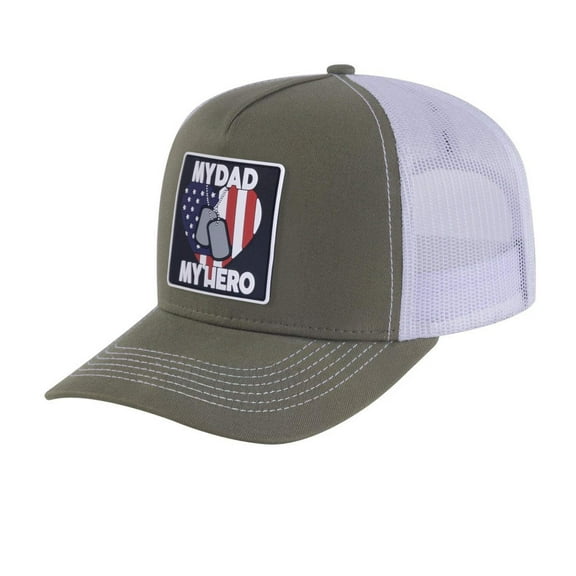 Unisex Embroidered My Dad My Hero, 5-Panel Trucker Hat, Olive Green/White, Adjustable Fit