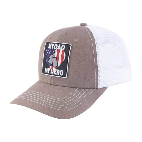 Unisex Embroidered My Dad My Hero, 6-Panel Trucker Hat, Light Brown/White, Adjustable Fit