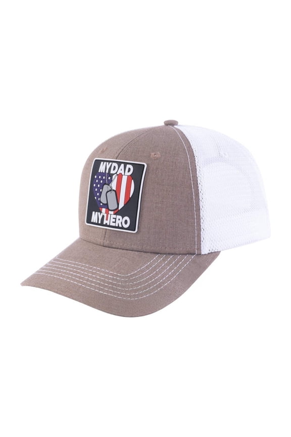 Unisex Embroidered My Dad My Hero, 6-Panel Trucker Hat, Light Brown/White, Adjustable Fit