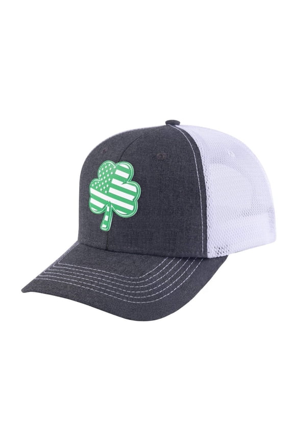 Unisex Embroidered St. Patrick'S Day Four Leaf Shamrock, 6-Panel Trucker Hat, Dark Grey/White, Adjustable Fit