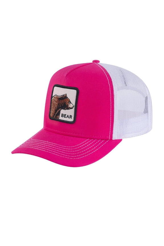 Unisex Embroidered The Bear, 5-Panel Trucker Hat, Pink/White, Adjustable Fit