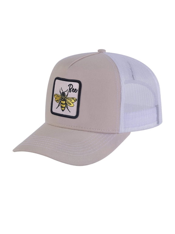 Unisex Embroidered The Bee, 5-Panel Trucker Hat, Beige/White, Adjustable Fit