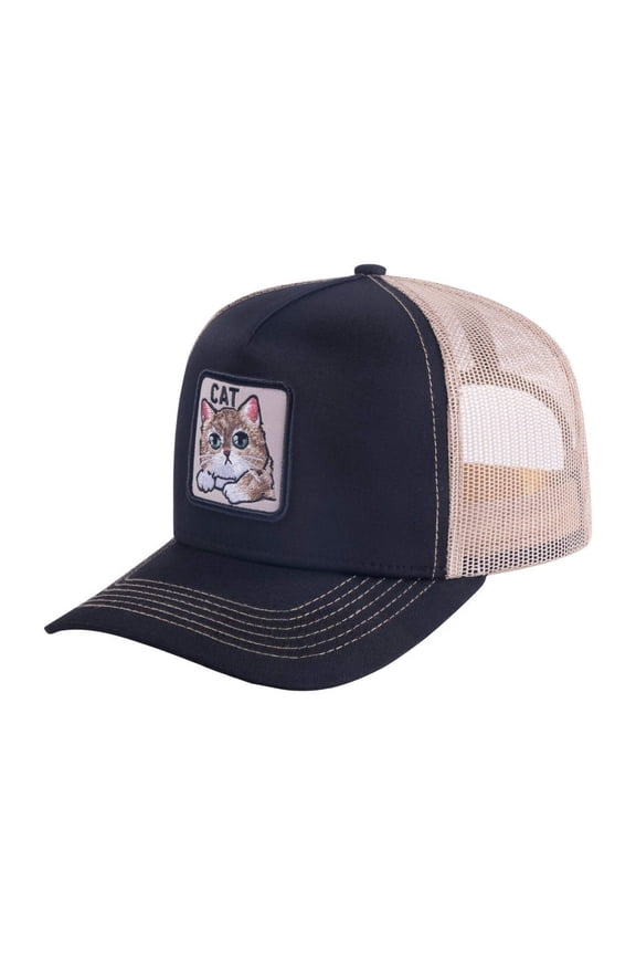 Unisex Embroidered The Cat, 5-Panel Trucker Hat, Black/Khaki, Adjustable Fit