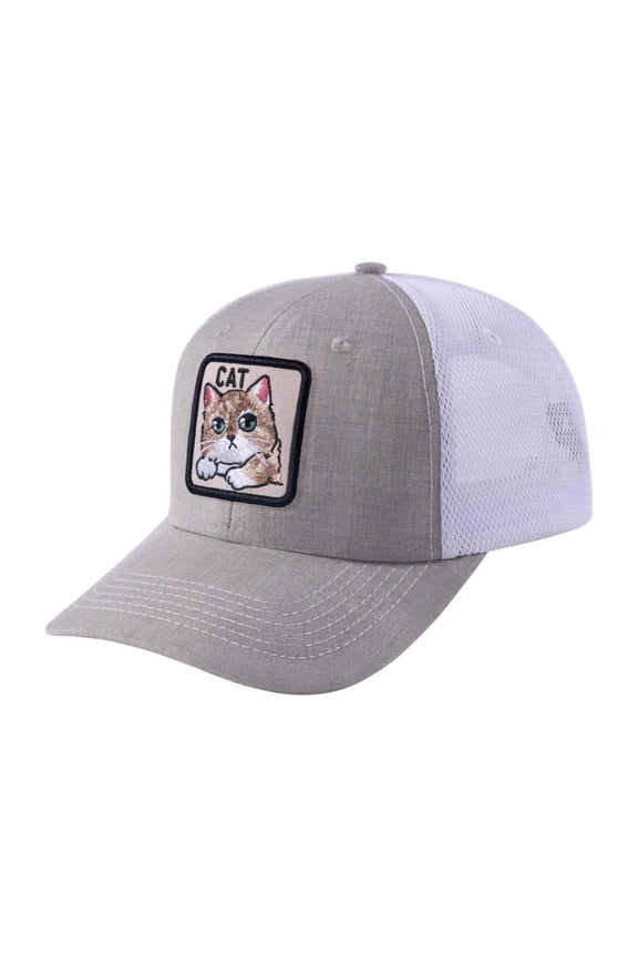 Unisex Embroidered The Cat, 6-Panel Trucker Hat, Khaki/White, Adjustable Fit